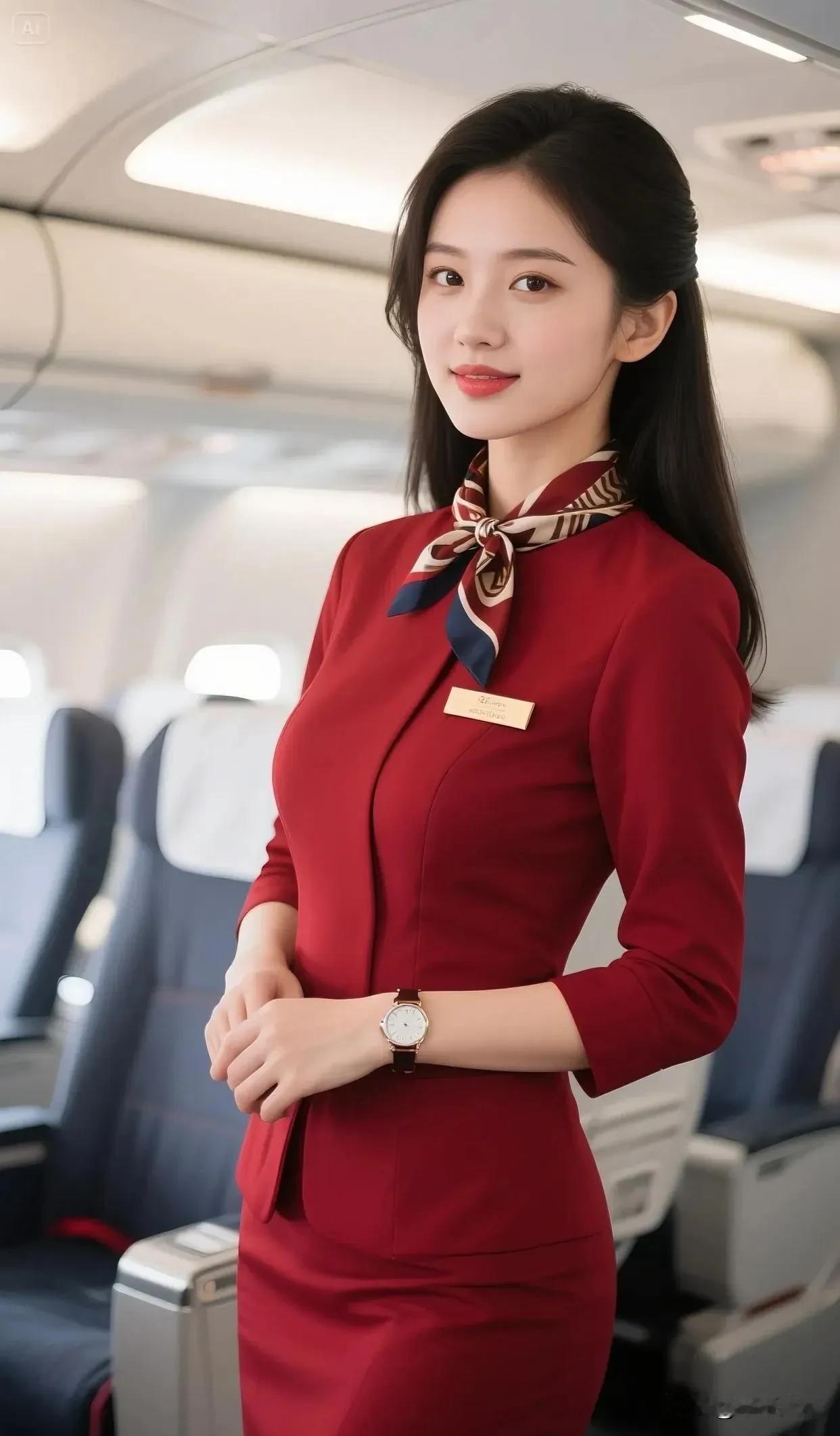 什么年龄段的女人最有女人味?机舱里的红装利落优雅，丝巾与腕表衬出专业温度，眉眼