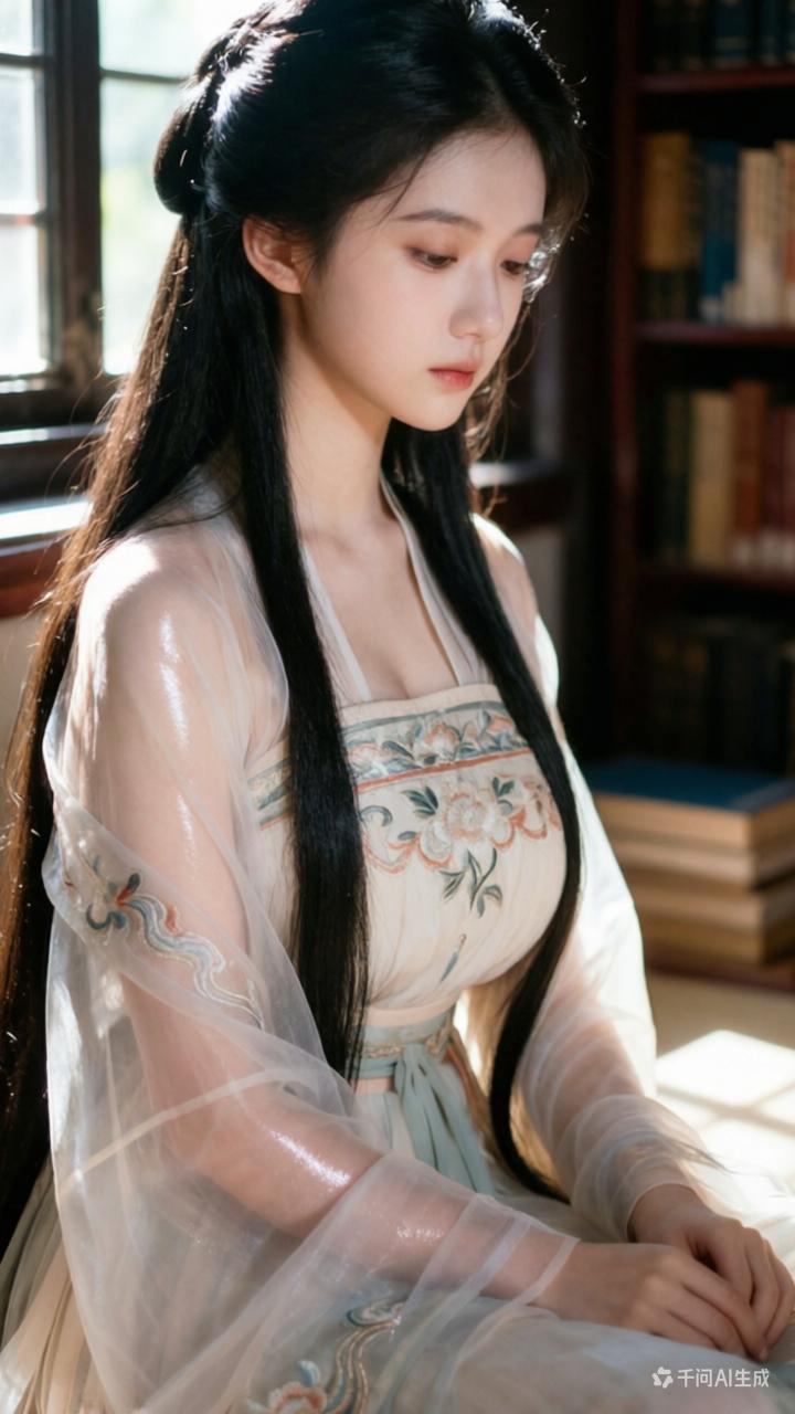 古风美人，静坐书香中，韵味十足。