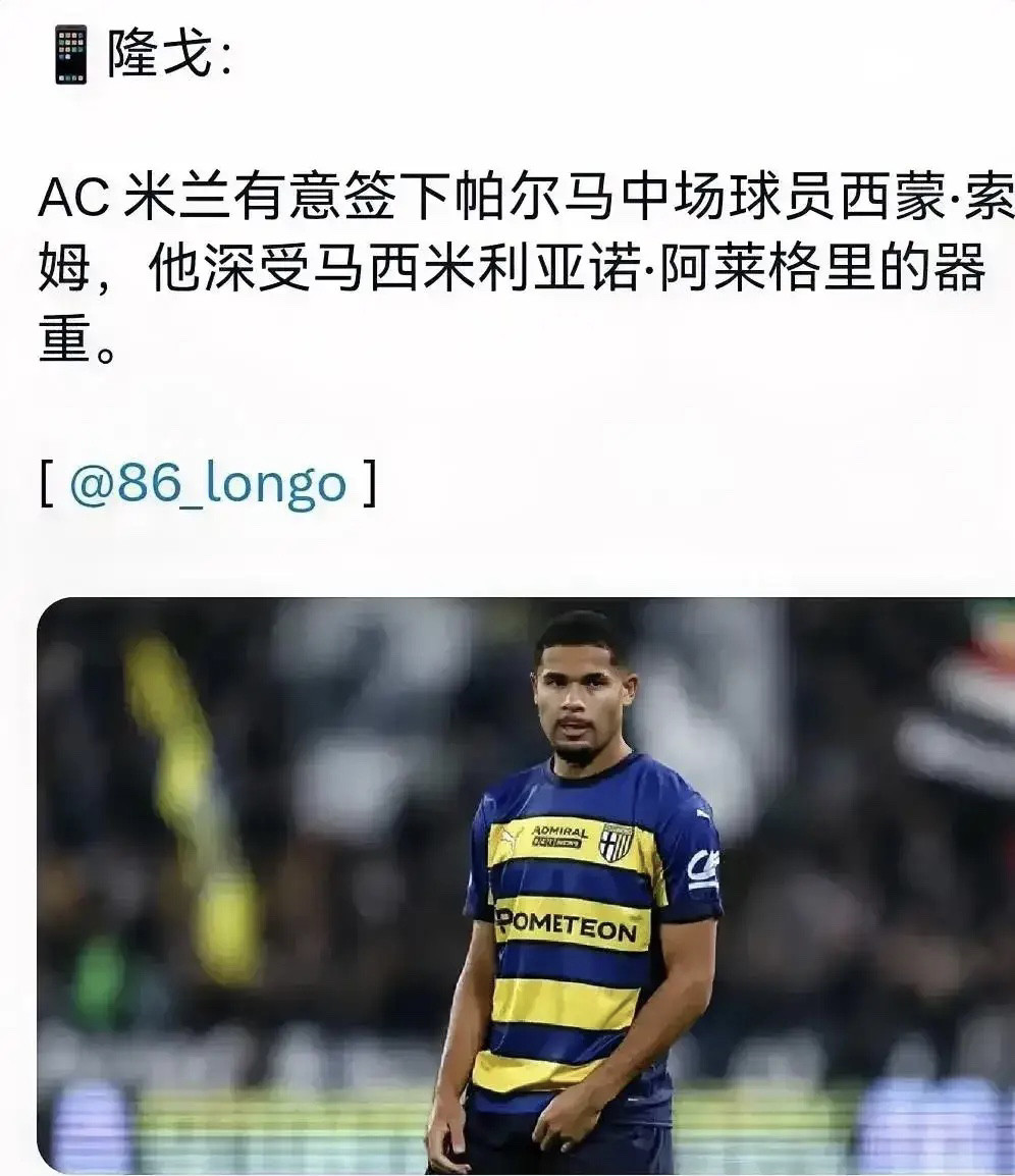 索姆！米兰对帕尔马中场球员西蒙索姆非常有兴趣，他是阿莱格里感兴趣的球员。这个哥们确实是黑又硬，但是很