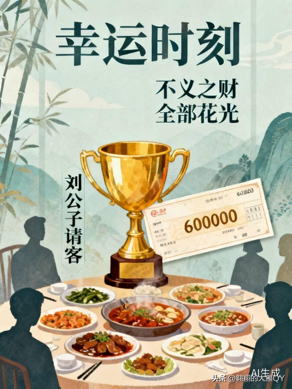 说有一个姓刘的男人，无意间买彩票中奖了，中了60000块钱。心里特别的高兴，回到