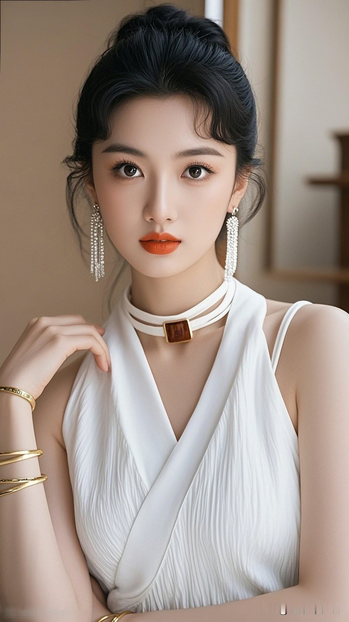 红妆美人倚，玉佩映秋光。什么样的美女才是最美的呢优雅白裙，复古妆容，红唇魅惑，