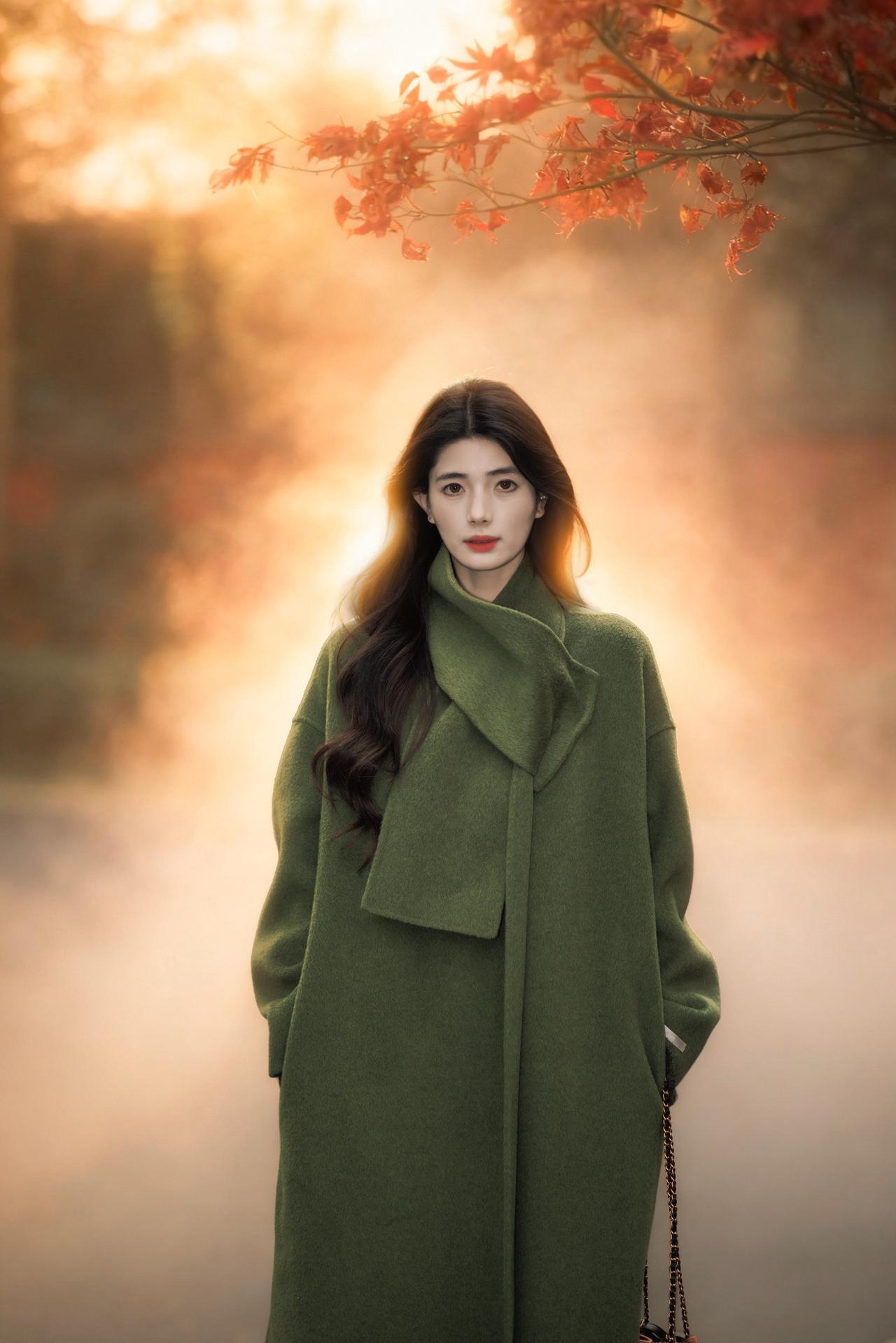 秋天的氛围感是绿色大衣给的～大衣控大衣穿搭大衣分享羊毛大衣