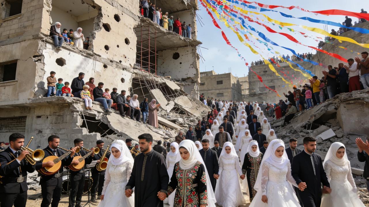 标题（18字）加沙废墟婚礼：炮火下的誓言藏着何意？当以色列战机的轰鸣