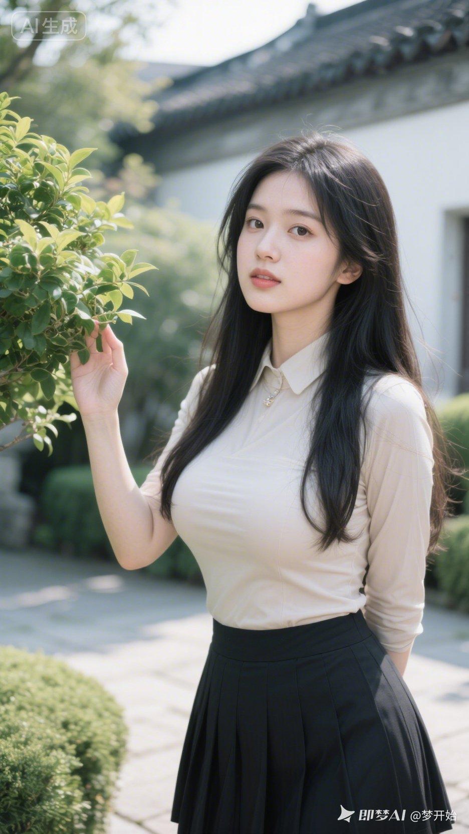 温柔少女，漫步在古色古香的庭院中，感受时光的静谧与美好。