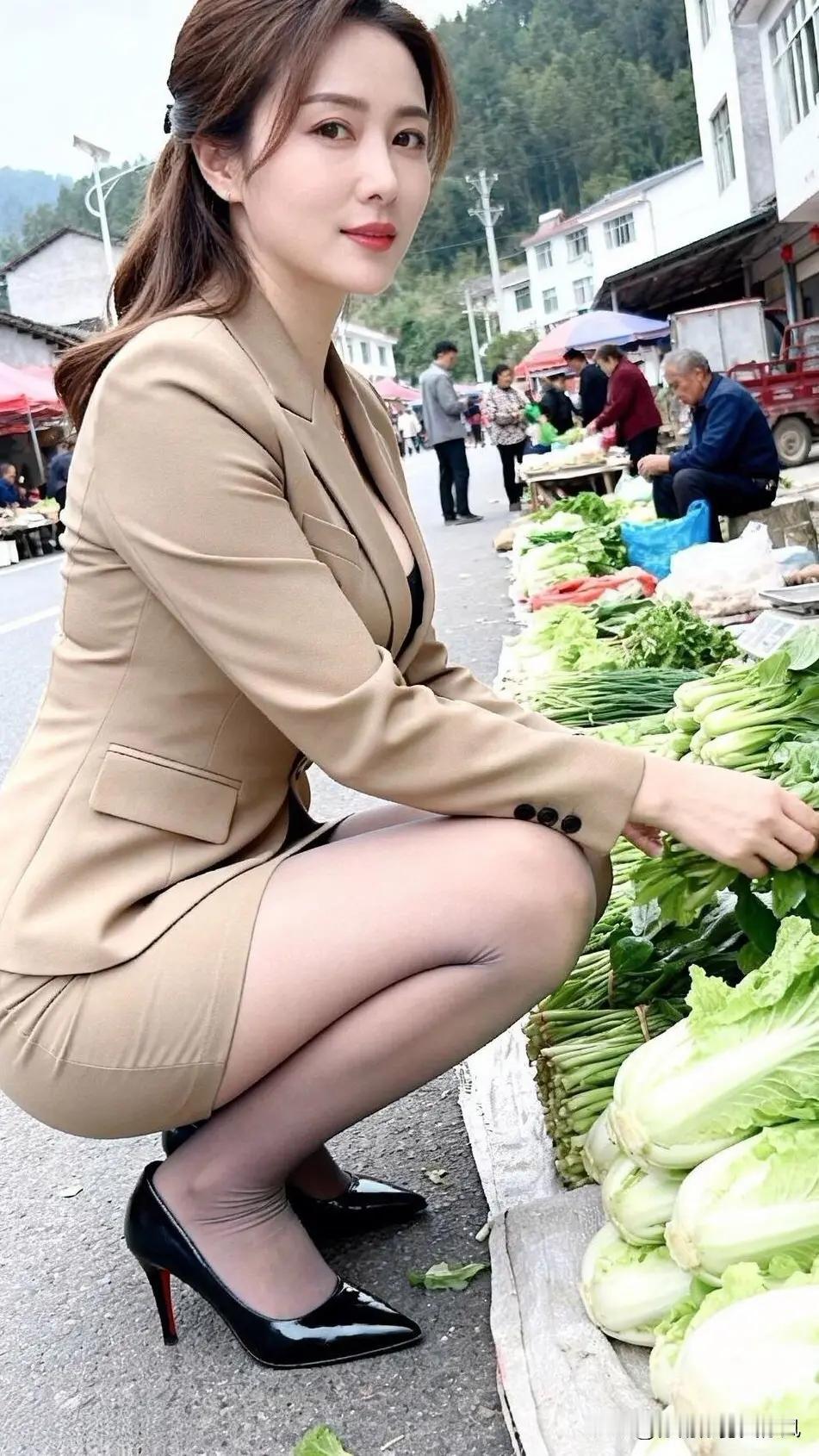 昨天逛家附近的老菜市场，撞见个穿露背连衣裙踩细高跟的美女挑青菜，裙摆扫过沾着泥点