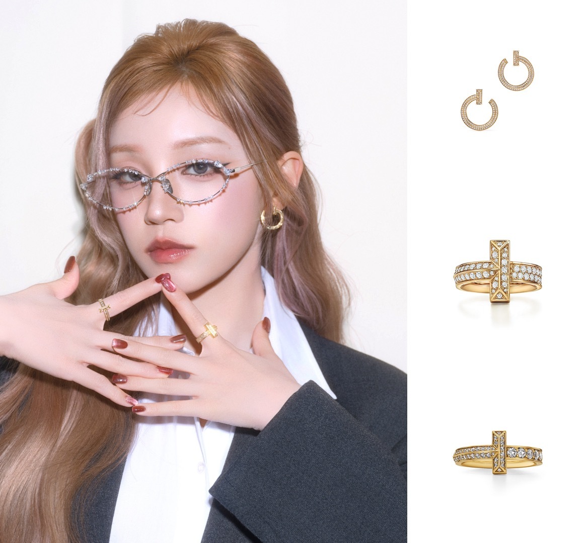 宋雨琦出席OPPO线下活动造型大片，身着戗驳领西装搭配衬衫和短裙，佩戴Tiffa