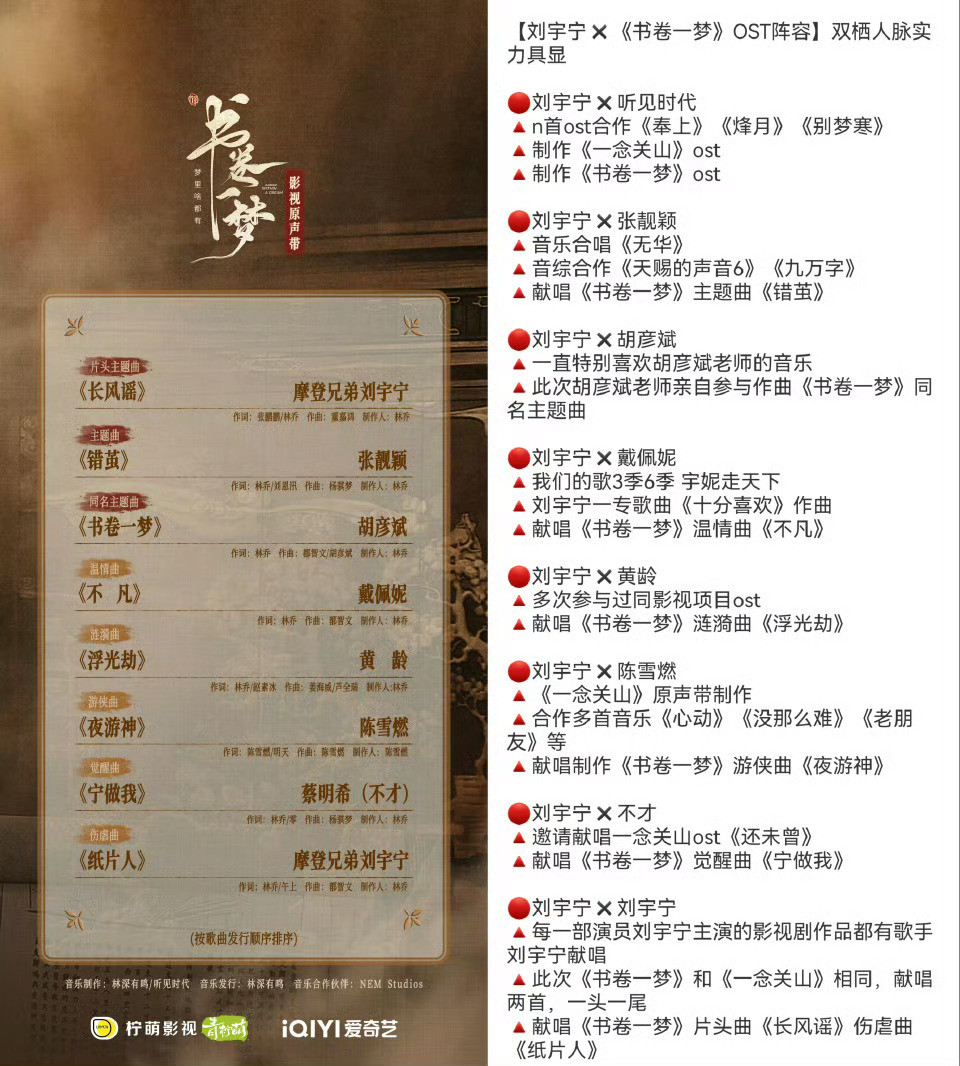 刘宇宁音乐圈人脉这就是双栖双顶的好处吗，刘宇宁新剧《书卷一梦》官宣OST阵容，不
