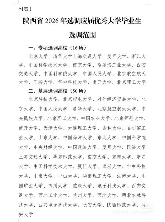 陕西省2026年专项选调高校共有16所，既包括了清华大学、北京大学，也包括了浙江