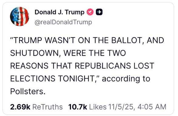 【特朗普承认共和党在选举中失败。】他直言不讳地解释说：“我没参选，而且政府停摆也