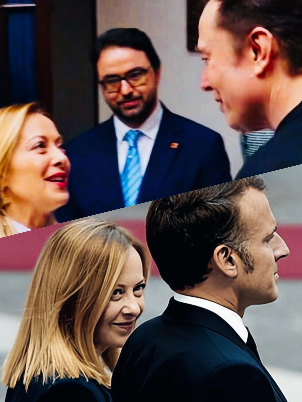 梅洛尼看向马克龙时和看向马斯克时，这眼神中包含着什么含义呢？梅洛尼看向谁时，脸