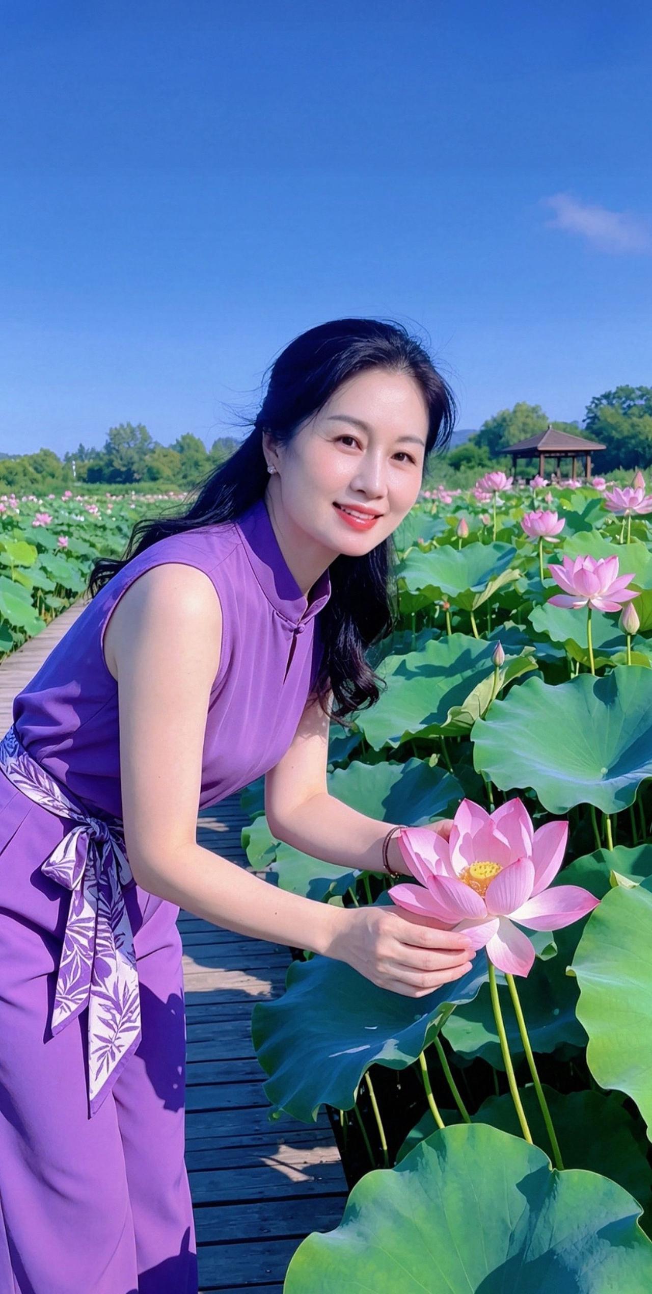 粉荷映碧水，美人笑语间。