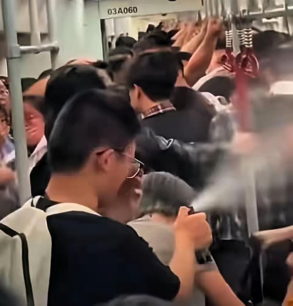 广州地铁男子在车厢喷辣椒水后续来了，车子刚到站该男子就被众人拉下车厢，一群人围过