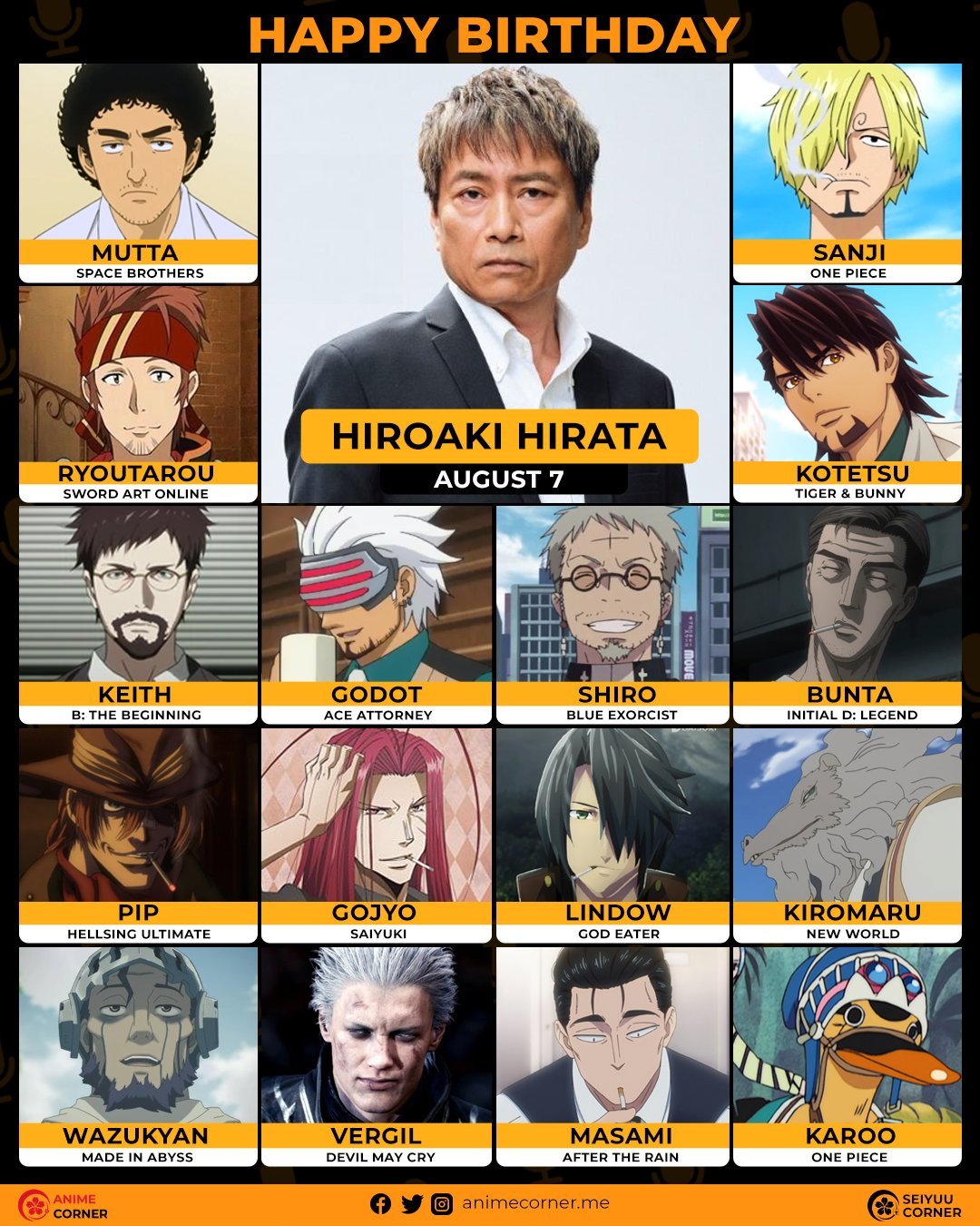 海贼王海贼王今天是草帽一伙山治的声优平田广明的62岁生日啦​​​