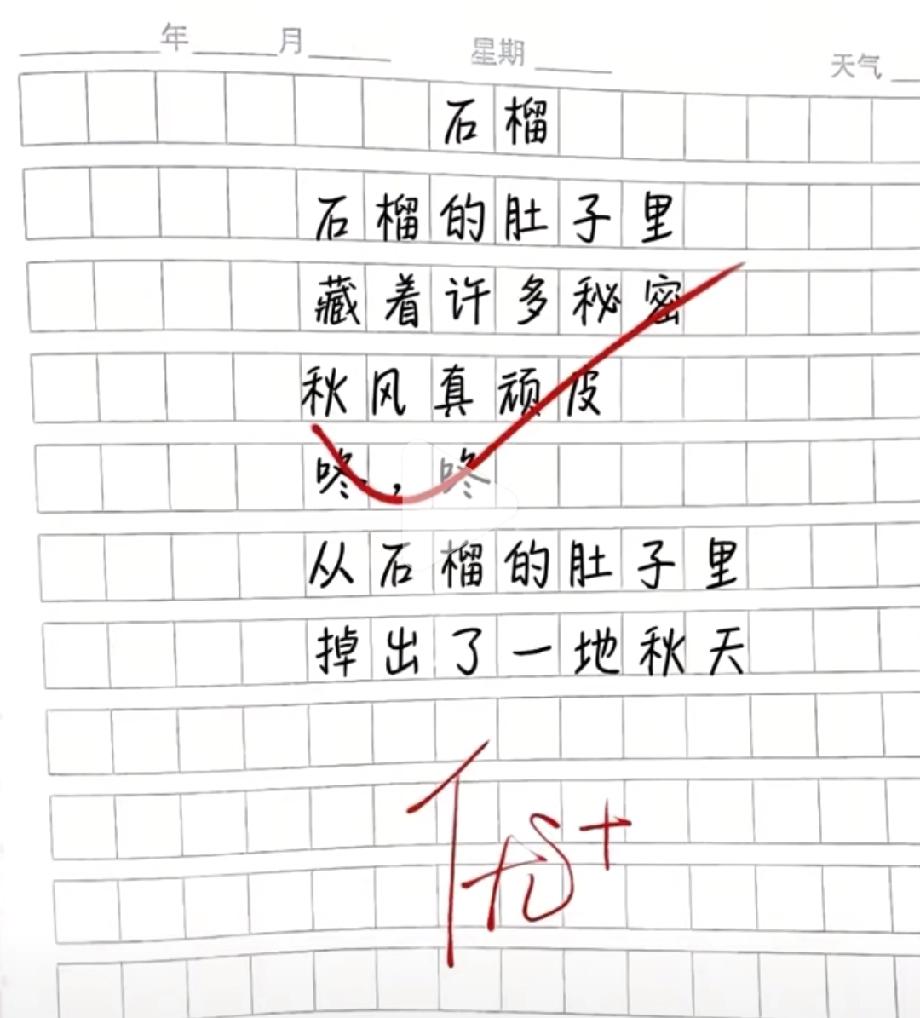 看哭了！小学生写《石榴》的脑洞太绝，“秋风真顽皮”瞬间戳中我，评论区分享你的看法
