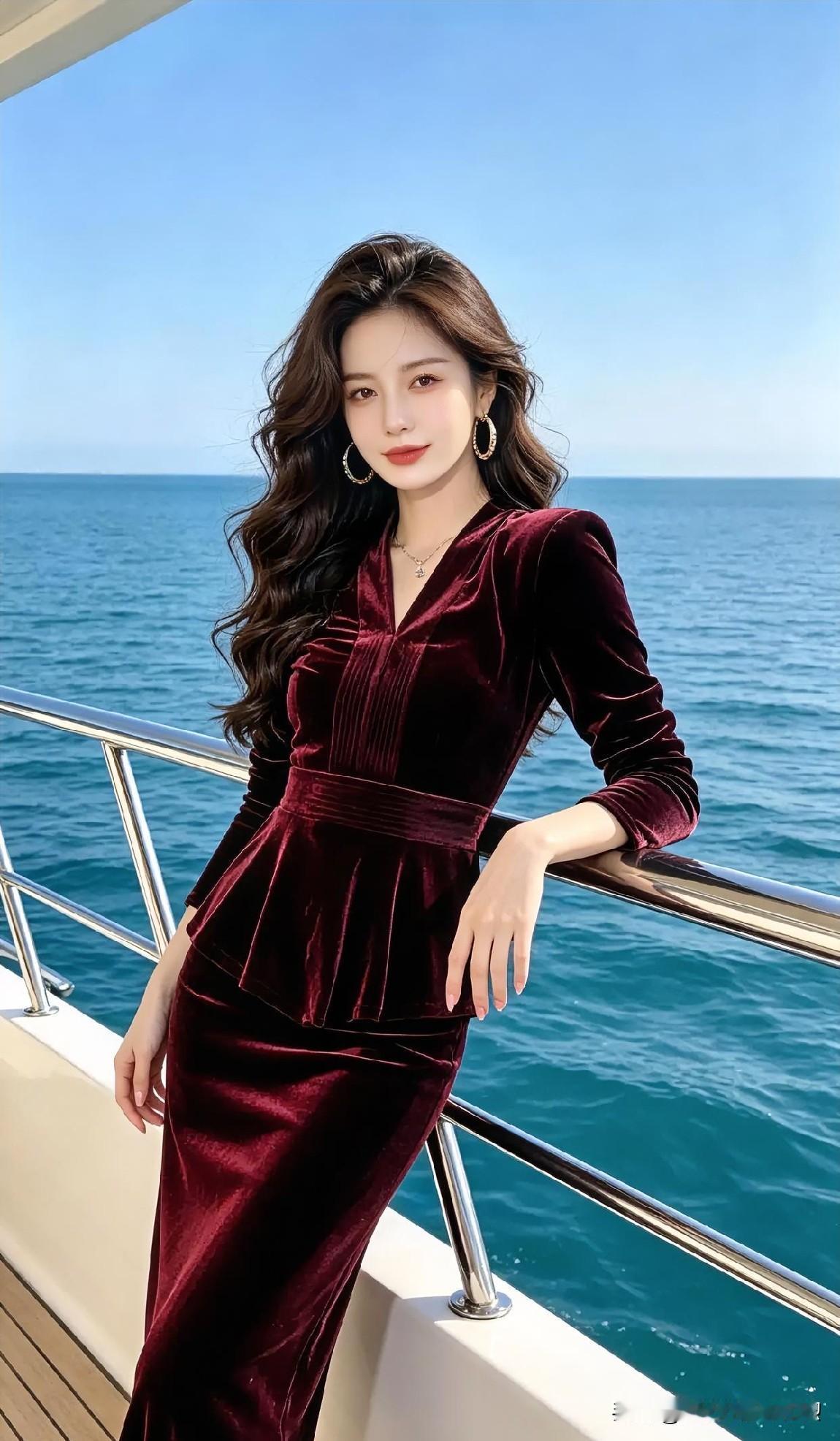 湛蓝海天之间，酒红丝绒勾勒曼妙身姿。裙摆熠熠生辉，长发随风轻扬。她倚栏而立，从容