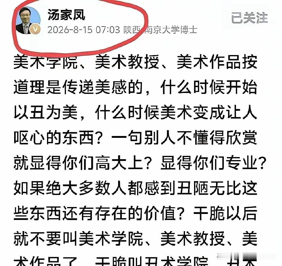 汤家凤怒批“丑术学院”爆红！真正该警醒的，从来不是审美差异数学教授汤家凤一