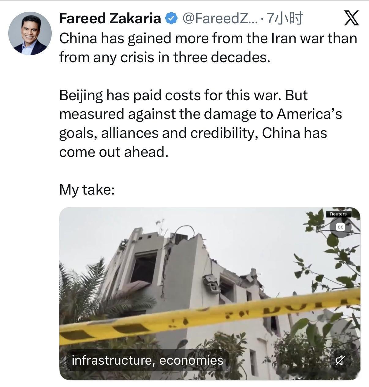 著名国际政治评论员扎卡里亚（FareedZakaria）在社交平台上发布了一条