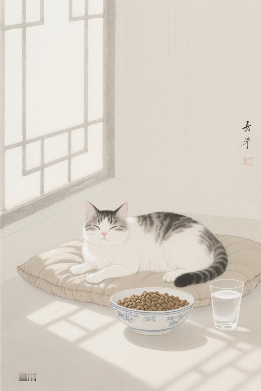 AI随心绘阳光倾洒，猫咪慵懒躺卧，身旁水与食相伴，这便是简单又惬意的时光呀