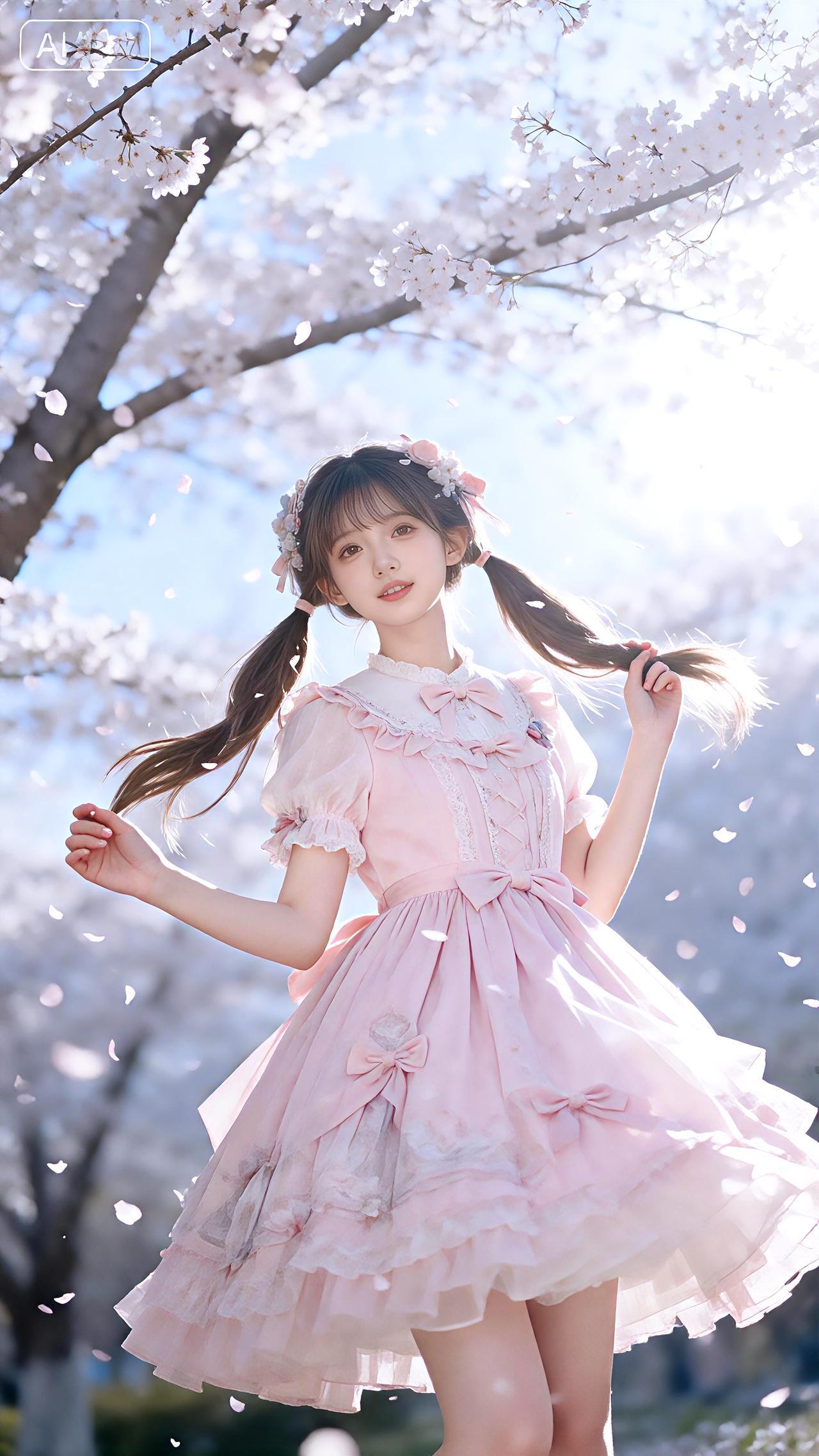 樱吹雪舞笑回眸，粉裙双马尾温柔。壁纸豆包高清