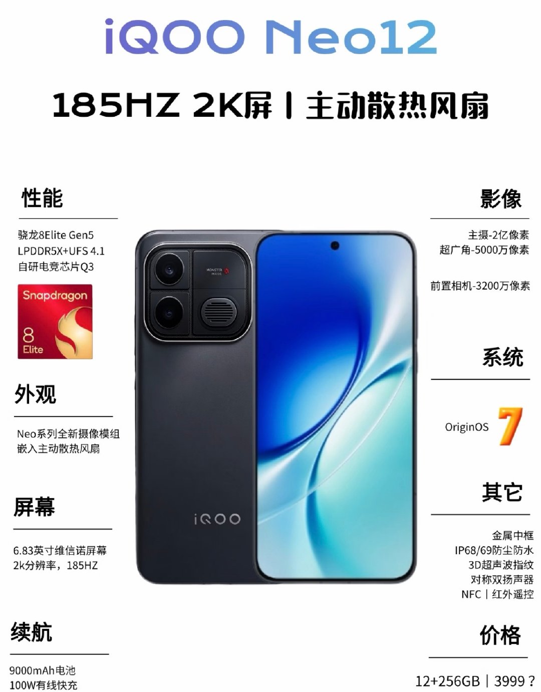 iQOONeo12配置前瞻，中端越级性能机来袭！搭载第五代骁龙8至尊版+自研Q3电竞芯片，配备主动散