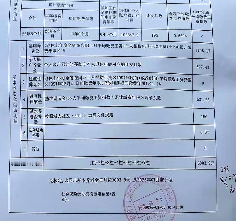 等了大半年，退休那张单子终于出来时，心口那块石头才算落地。累计缴费25年6个月