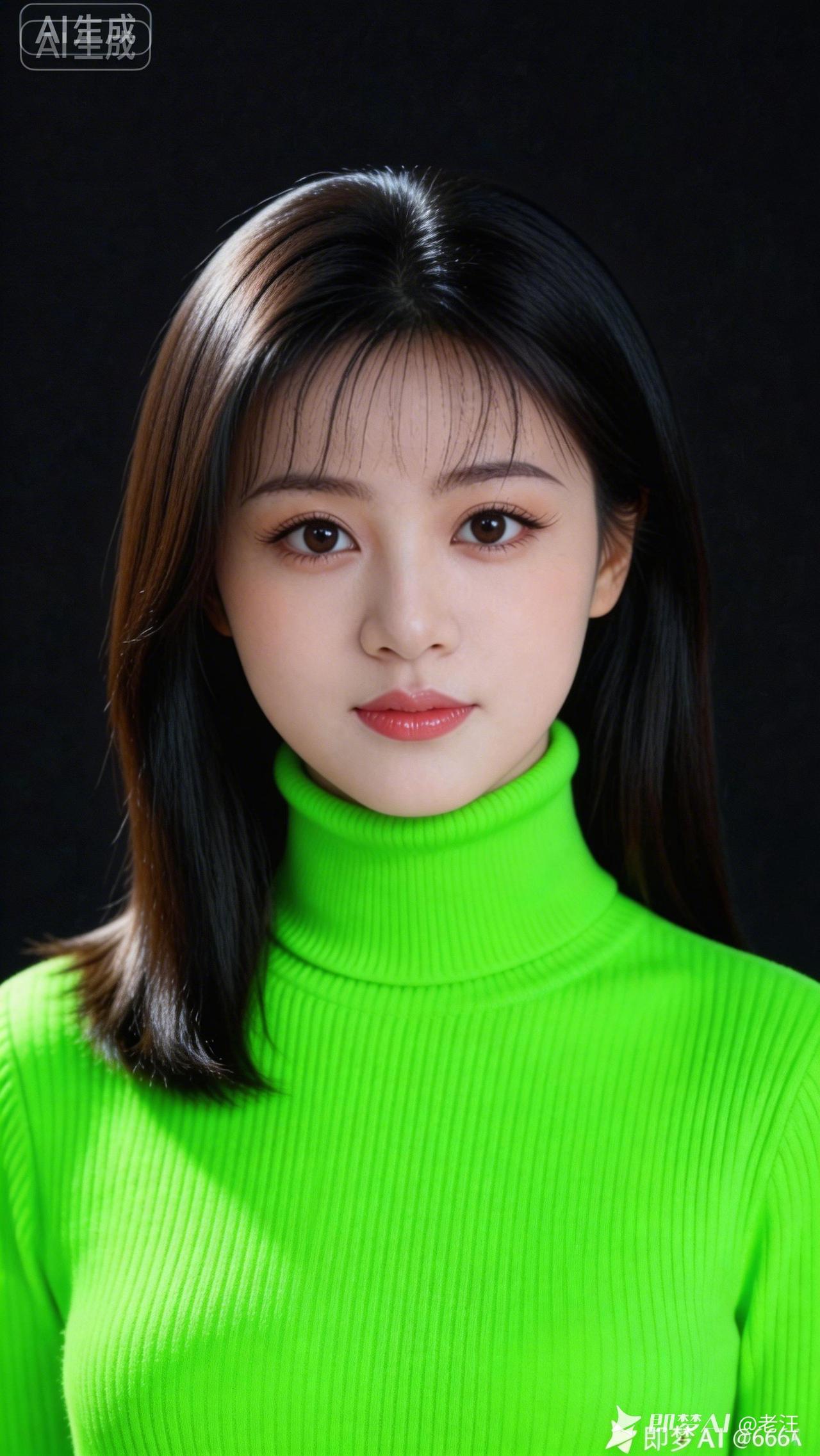 这位小姐姐穿着绿色高领毛衣。绿色毛衣写真她漂亮吗