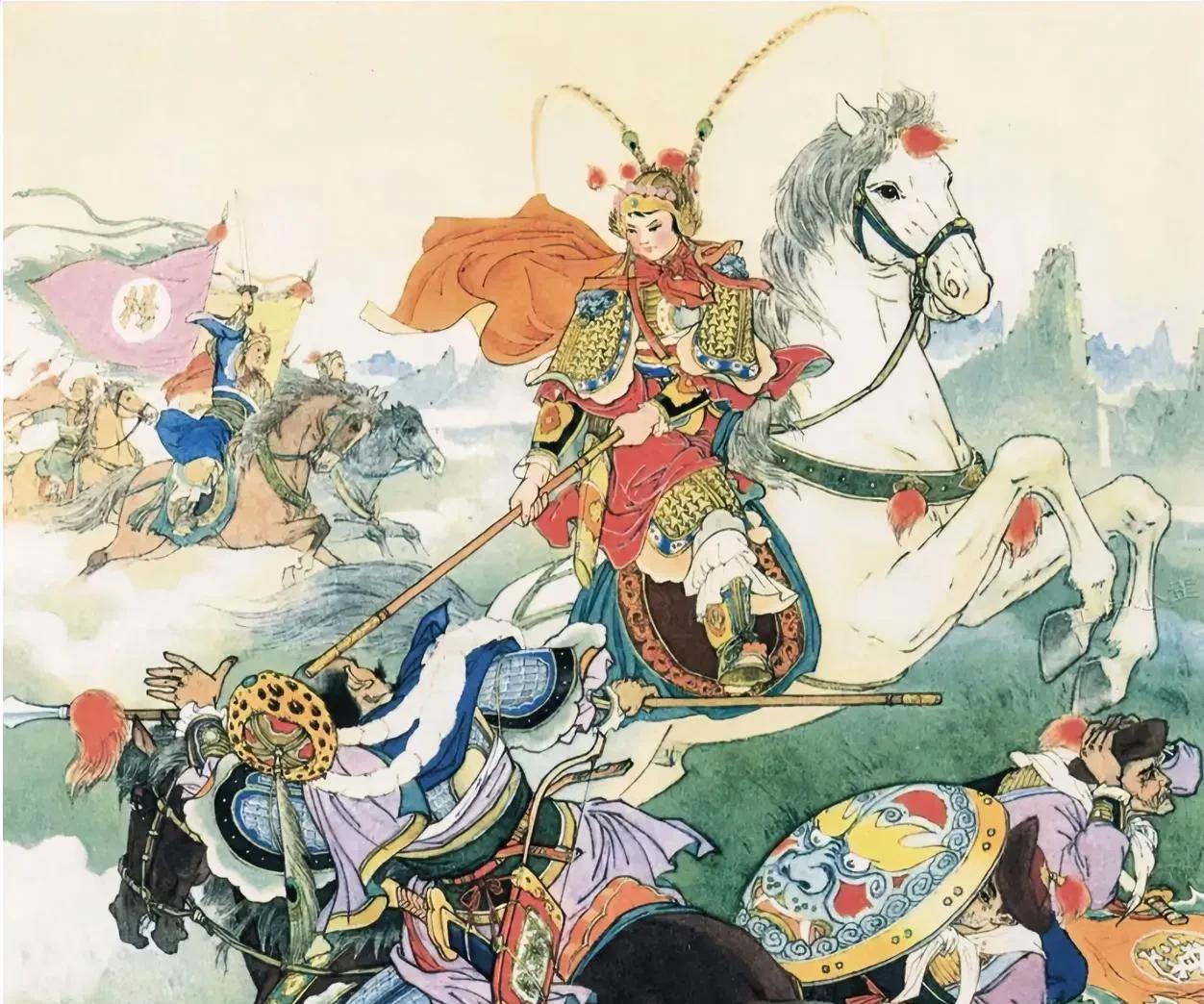 穆桂英率大军与辽军对峙于白沟河两岸，只见辽国大将萧得光胯马持枪在阵前讨敌叫阵，杨