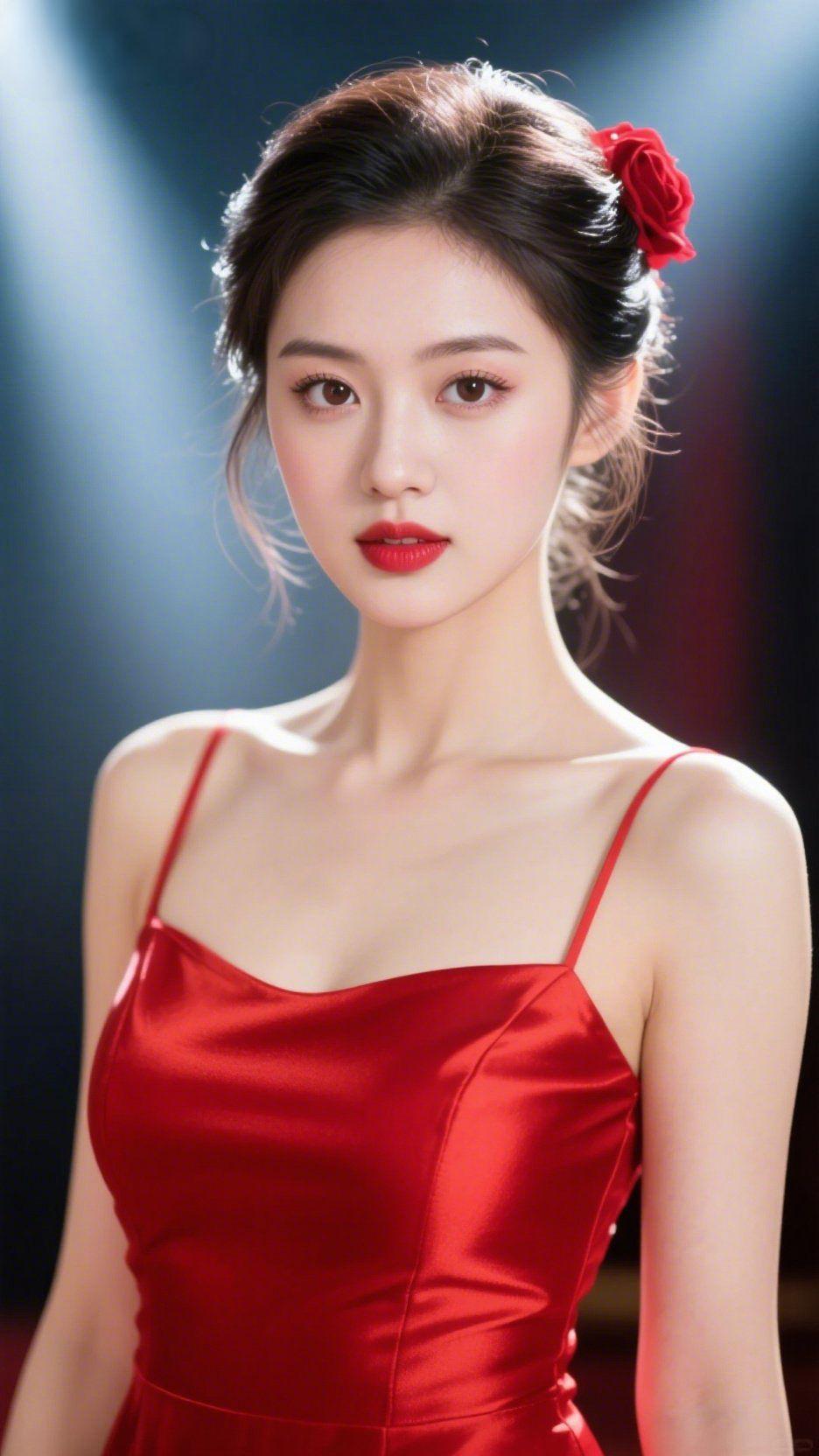 《红裙承光》追光轻落时，她发间的红玫瑰先沾了亮。缎面红裙裹着柔润的光，肩线