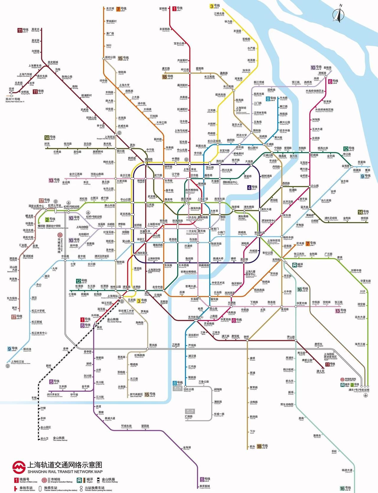 上海轨道交通高清图2026上海轨道交通网络包括：地铁、市域线、磁悬浮、金山铁路