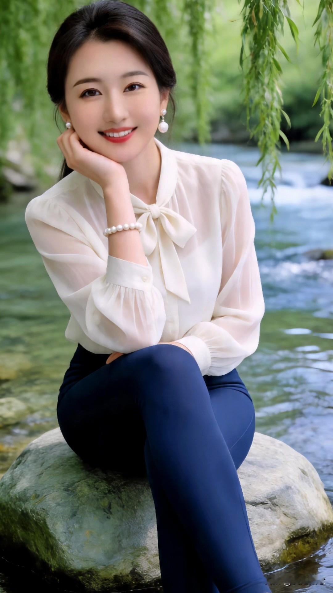 今天给大家分享春日溪边的松弛感穿搭✨米白蝴蝶结雪纺衬衫，自带温柔光晕，藏青修身