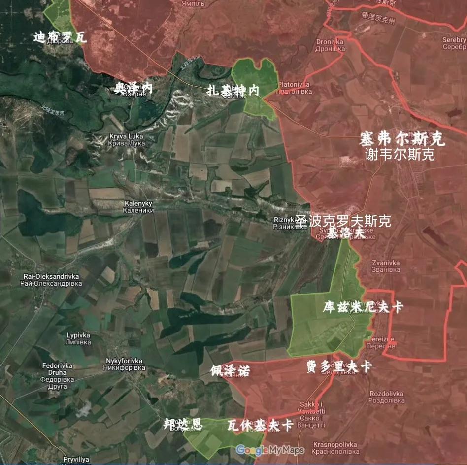 俄军南部集群在谢韦尔斯克方向的推进很明显（绿色区域是俄军新占的地盘），尤其是在库