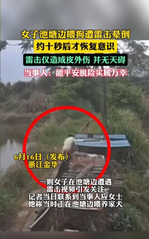 上辈子积德了吧！浙江金华，一女子在外喂狗时，天上突然降下一道闪电，瞬间把女子击倒