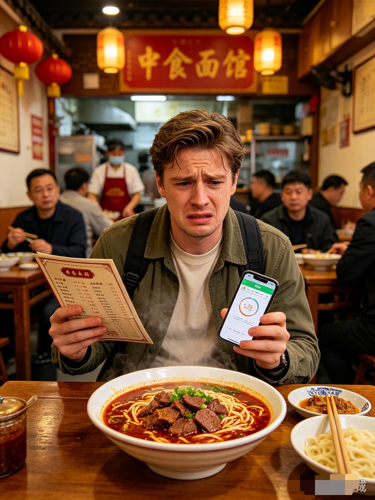 外国游客在中国面馆语言不通，比划半天无法点餐，一碗牛肉面下肚，瞬间红了眼眶一