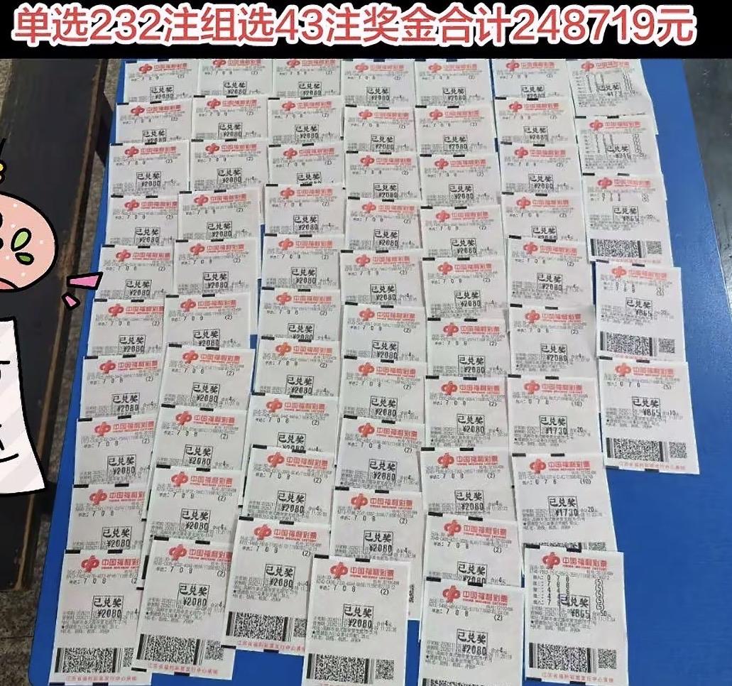 3D的26211期开奖号码708，江苏高邮的彩民单选232注，组选43注，全部拿