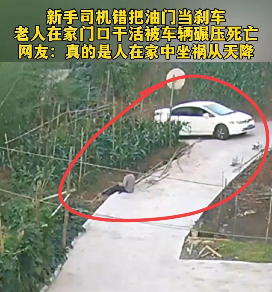 新手油门当刹车老人家门口被碾压身亡。江苏，一位老头就在家门口，菜园旁边的水泥路