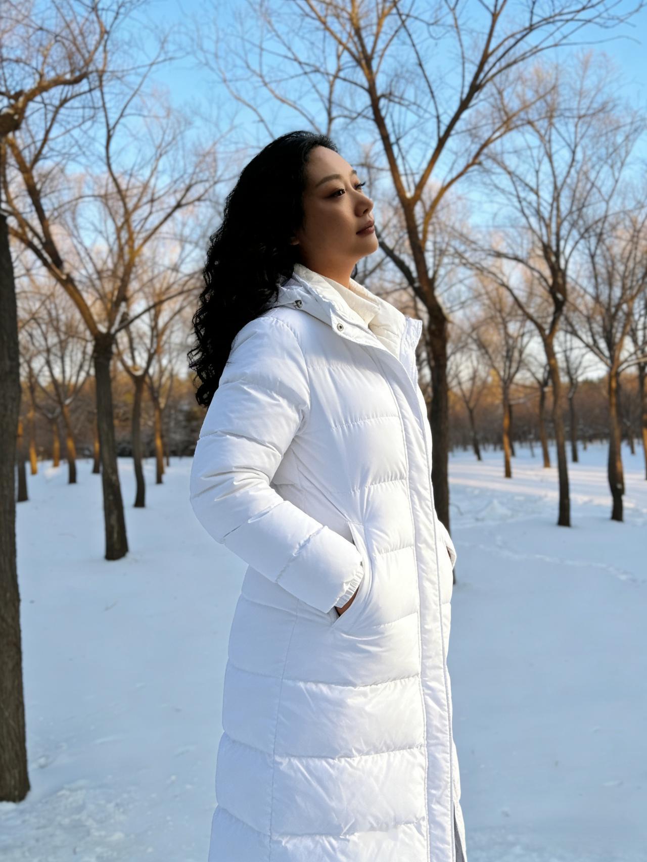 雪满郊原晓色清，佳人素氅立寒坪。昂首欲共霜天语，一缕英风动玉京。