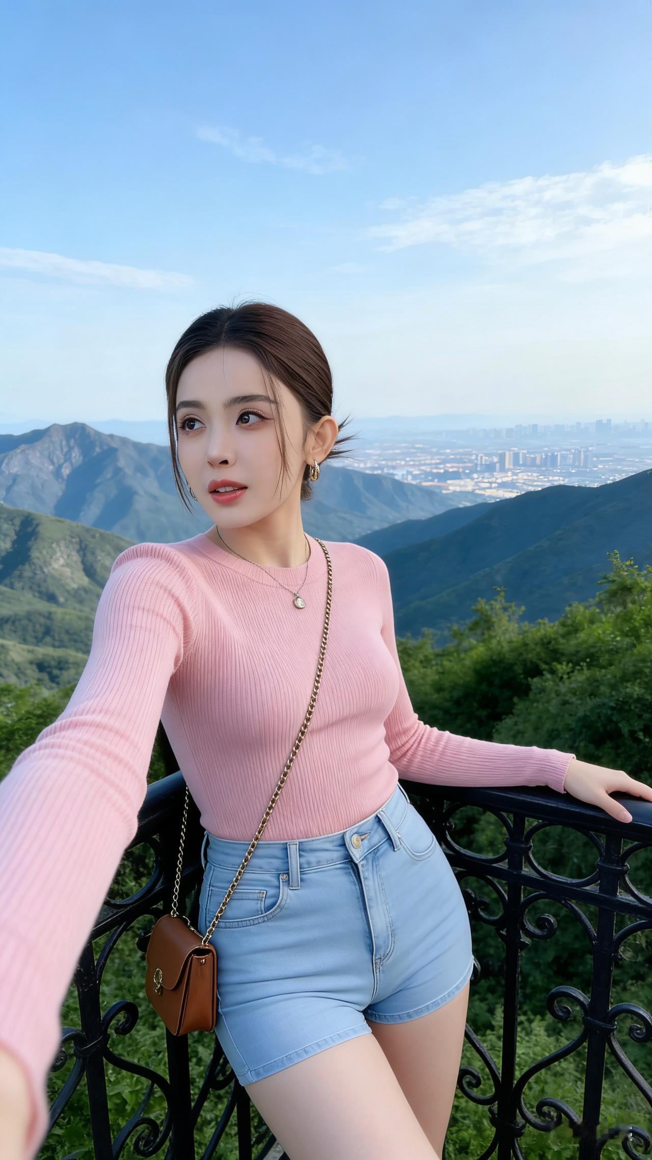 少女心满满的山间自拍，粉色毛衣配牛仔短裤，元气满满！🌿💖