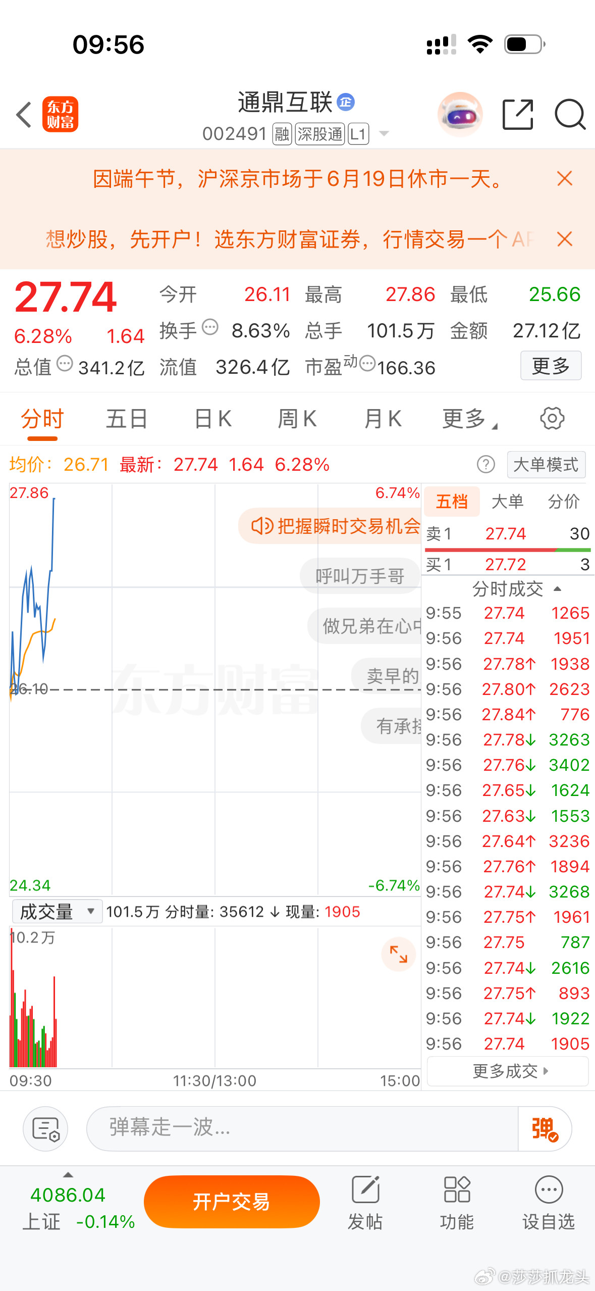 兄弟们！主力知道我踢飞了！现在直线拉升！兄弟们你们来香槟！让我哭一会