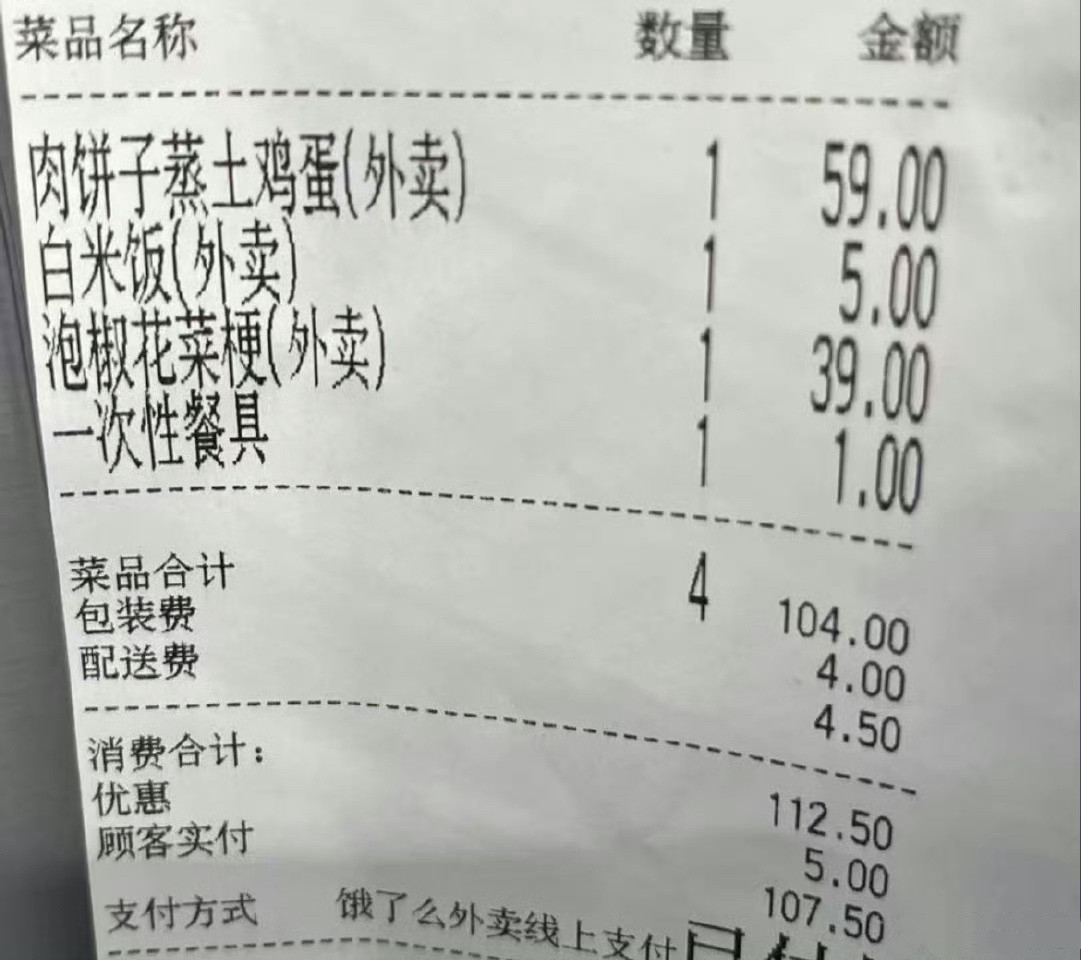 陆家嘴外卖，两个菜吃了107.5
