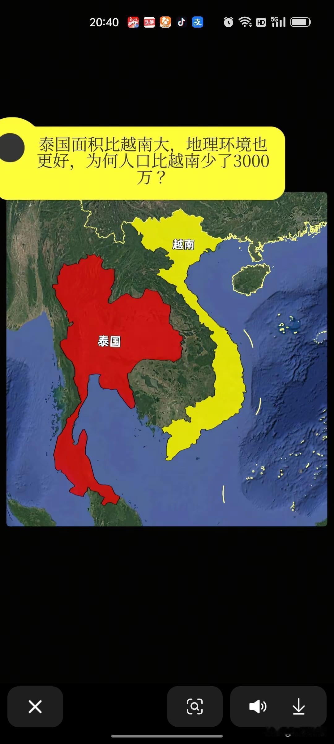 泰国面积比越南大18万平方公里，人口反而少了3600万。不是土地多少的问题，而是