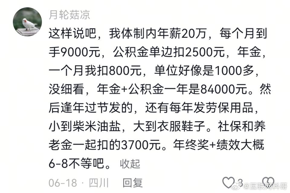 这就是四川体制内的工资待遇情况。说的挺细的，光公积金加年金一年就84000了。。