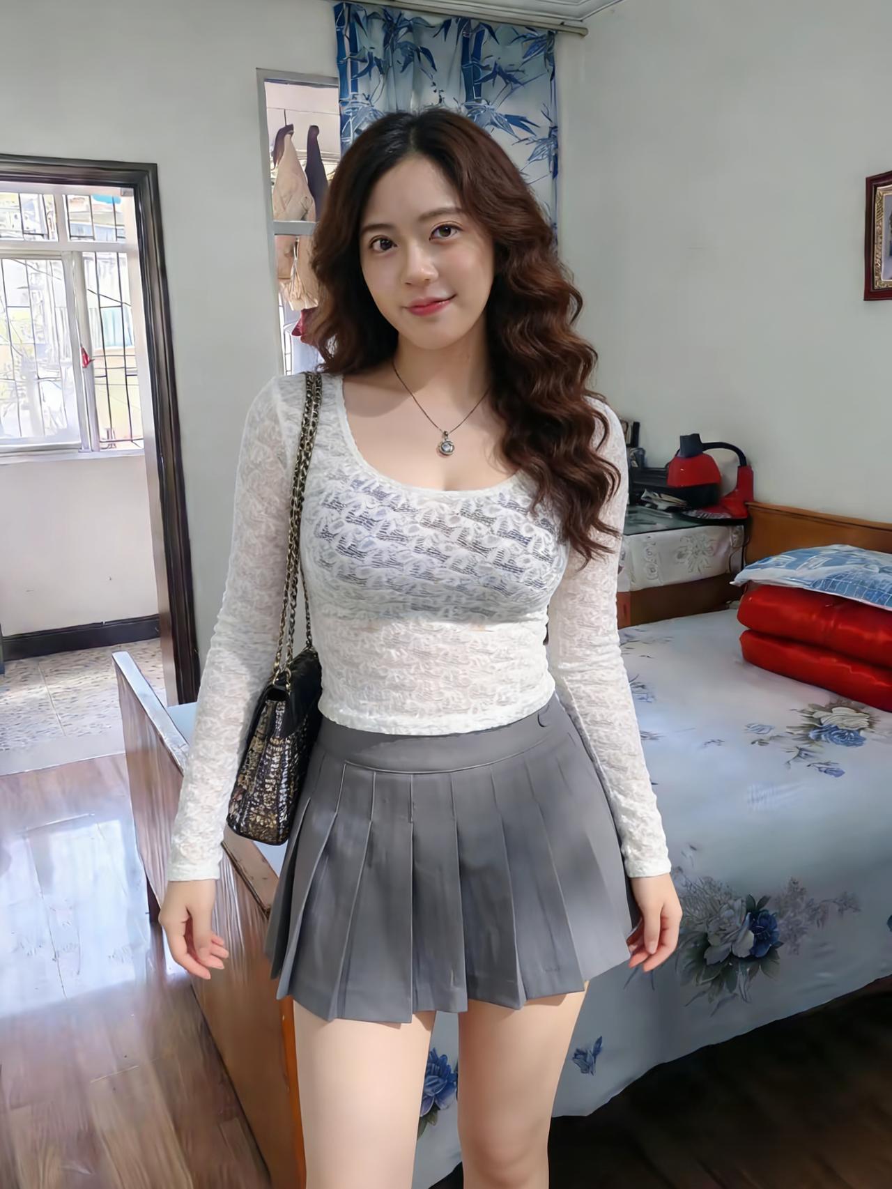 素衣百褶曳晴光，发卷如云覆玉妆。一笑春风皆入韵，人间何处不清扬。