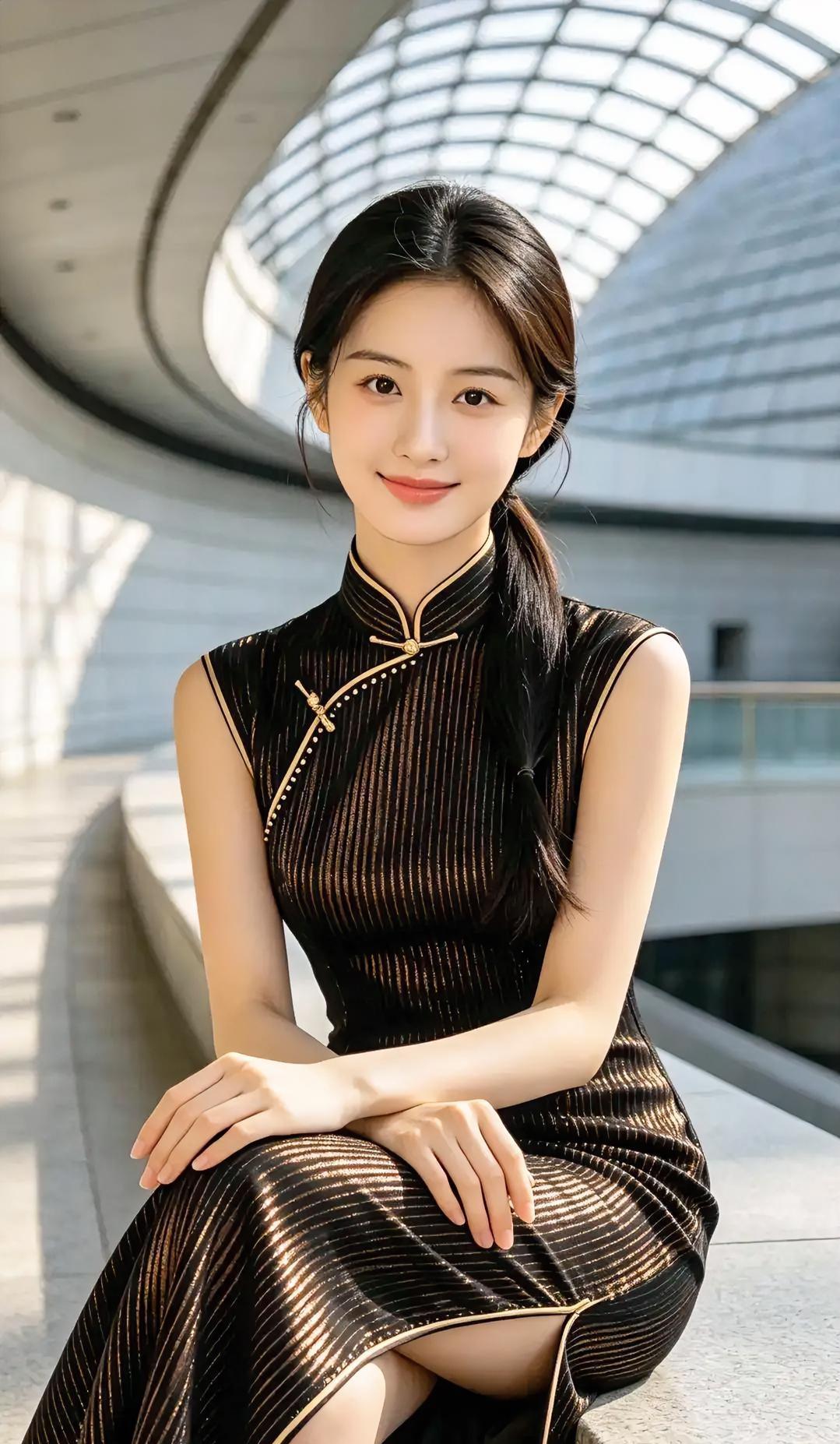 《光影里的东方雅韵》阳光穿过穹顶，洒下满地温柔。你着一袭黑金旗袍，