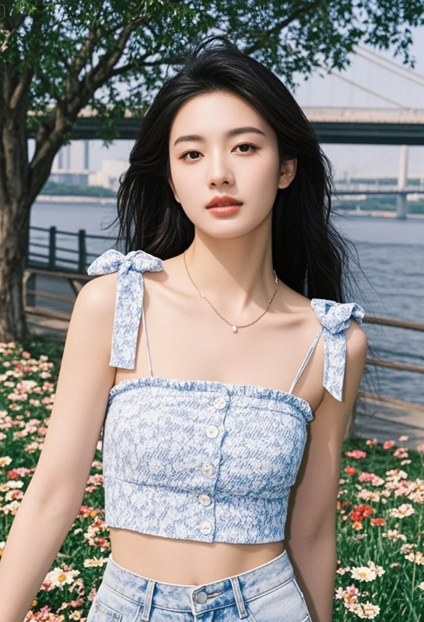 她穿白裙走过花丛，像从水墨画中走来