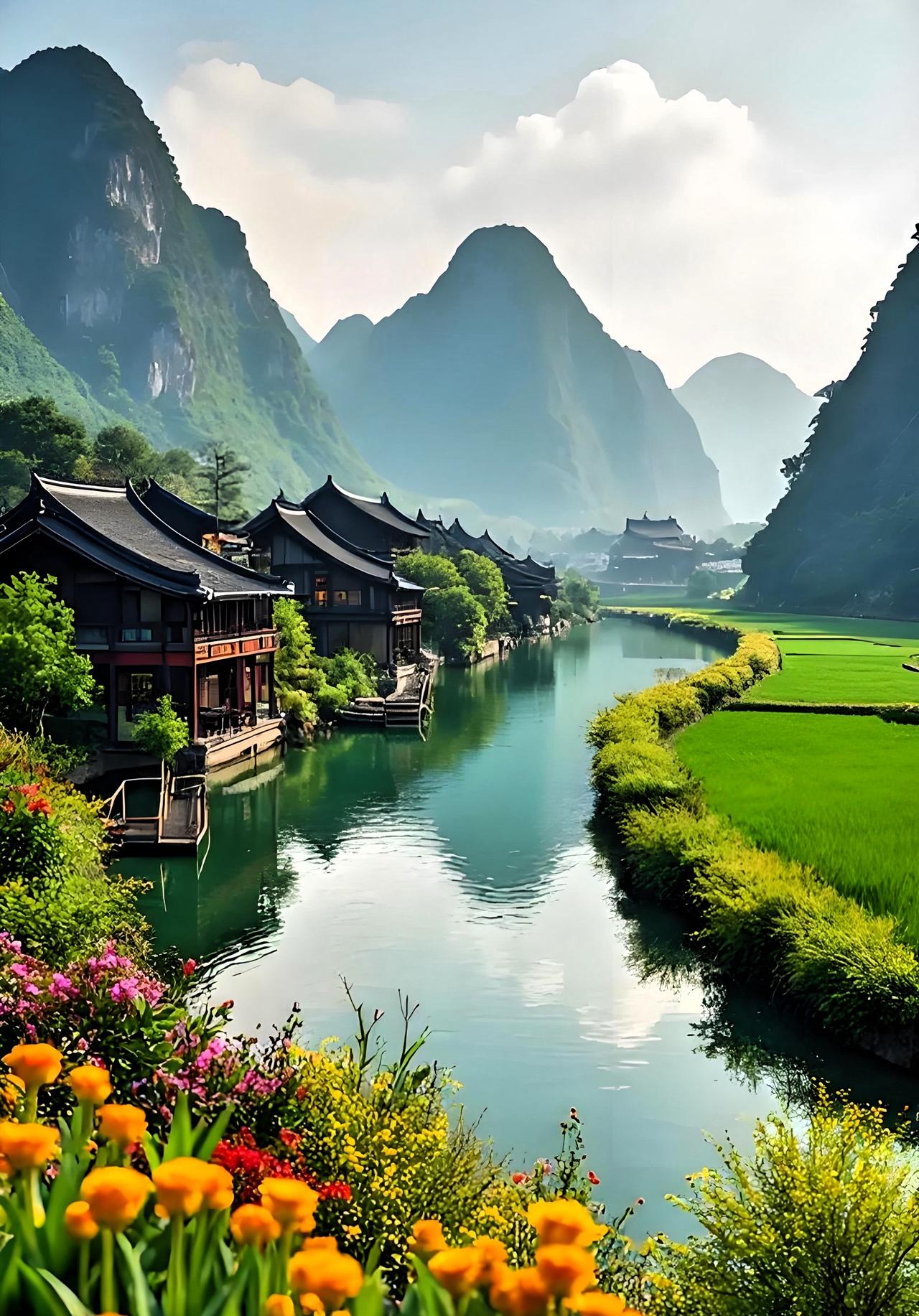 上联：青山藏画意，下联：碧水漾诗情。横批：山水相依
