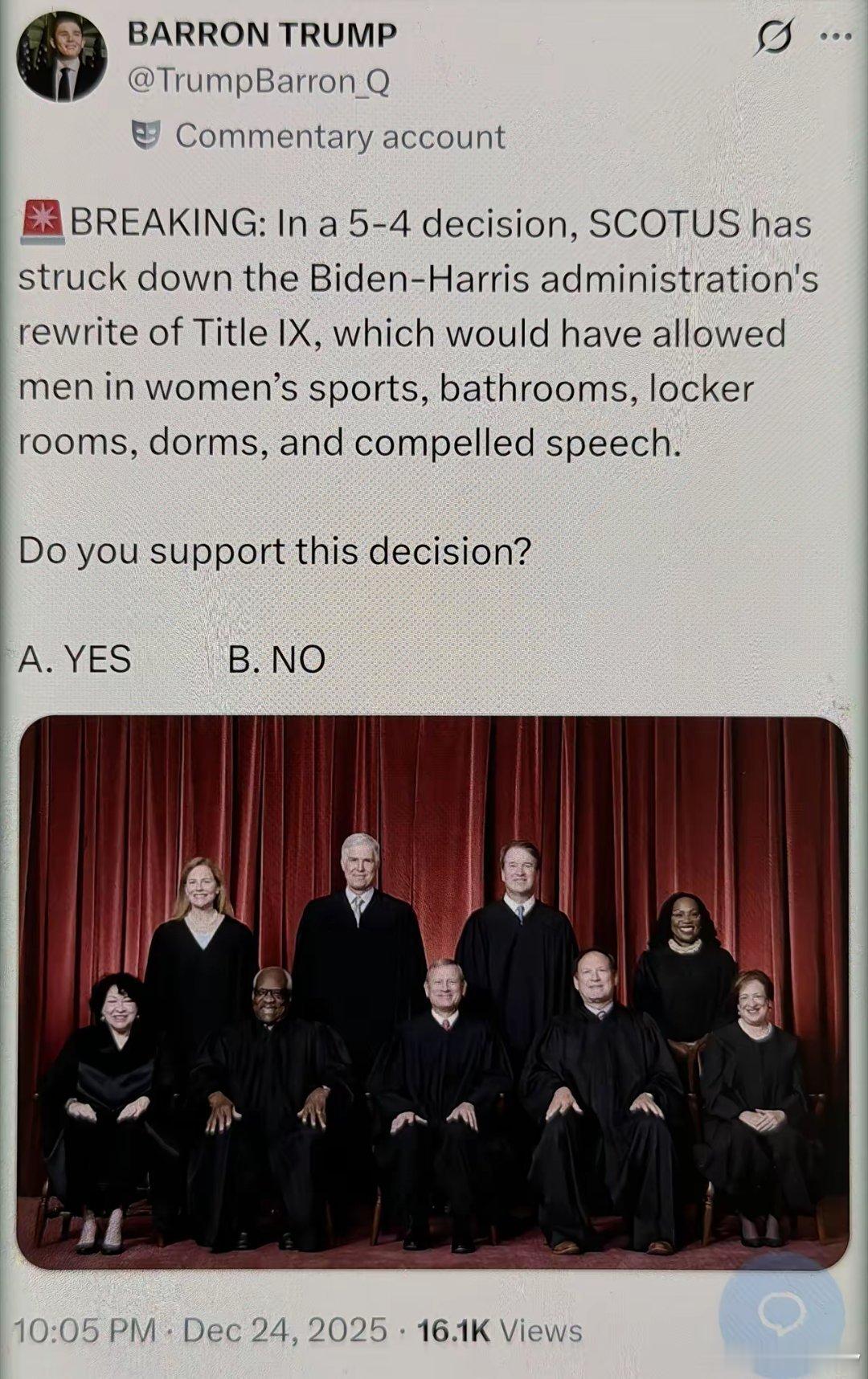 美国联邦最高法院近日以5:4的投票结果，驳回拜登-哈里斯政府对《1972年教育修