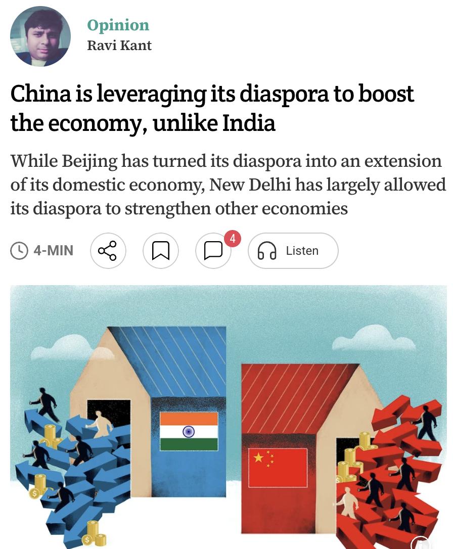 外媒：印度和中国拥有全球规模最大的海外侨民群体，但利用方式有所不同。印度在199