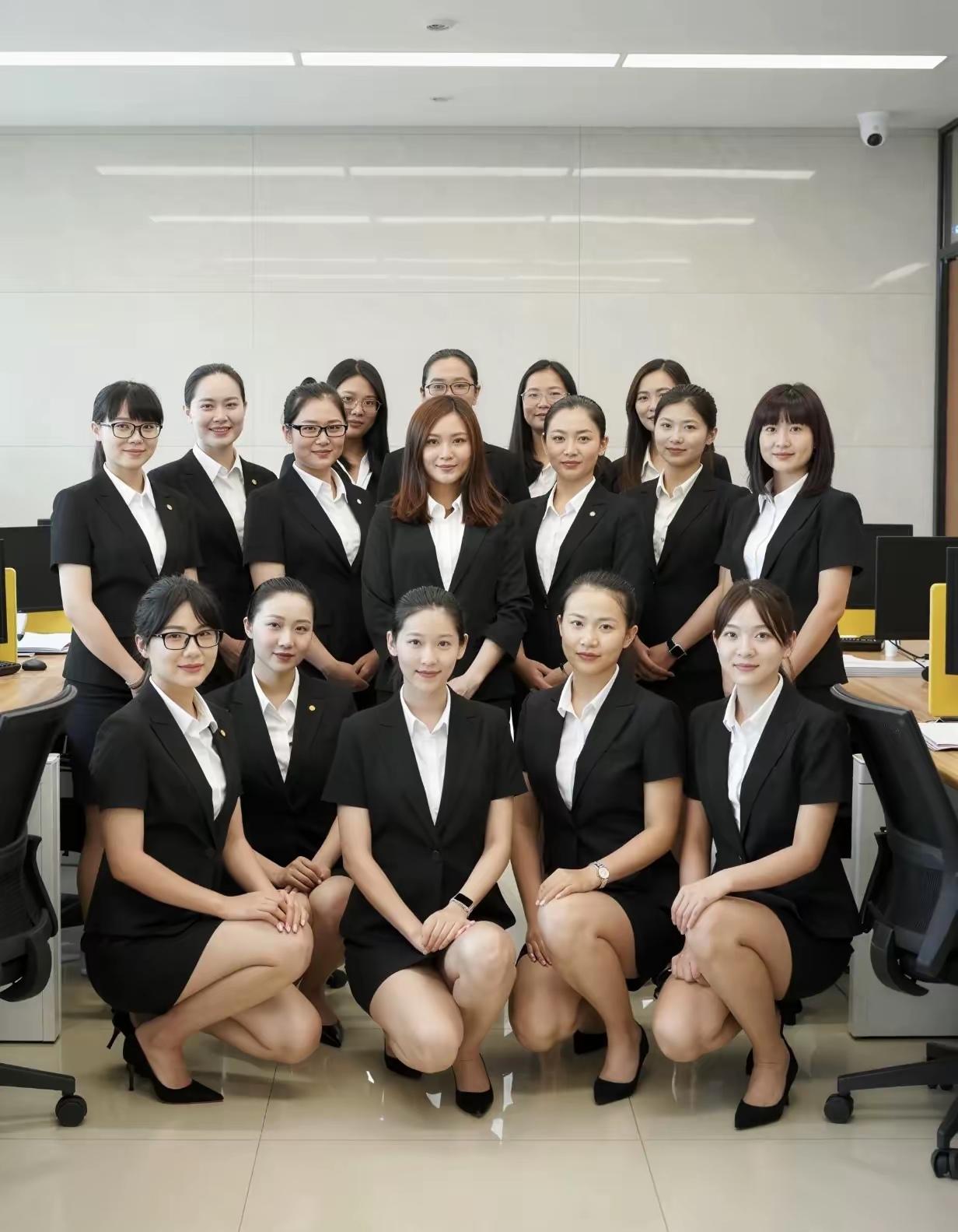 统一的黑色西装套裙+白衬衫+高跟鞋，一身干练，但却不失由内而外透股温婉气质，惊艳