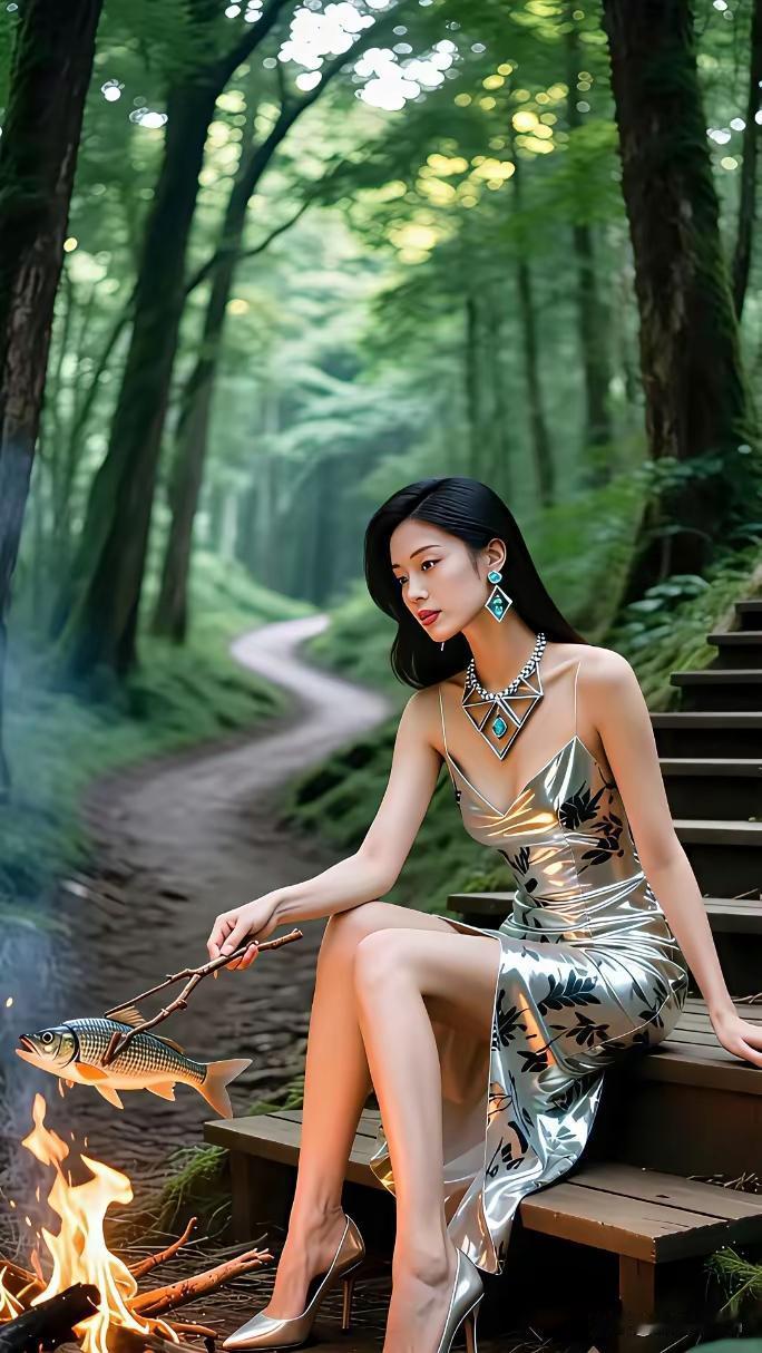 森林里穿礼服的女子烤鱼吃。