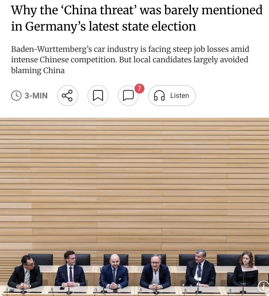 外媒：巴登-符腾堡州是德国汽车工业重镇，奔驰等车企总部均在此，过去一年因中国车企